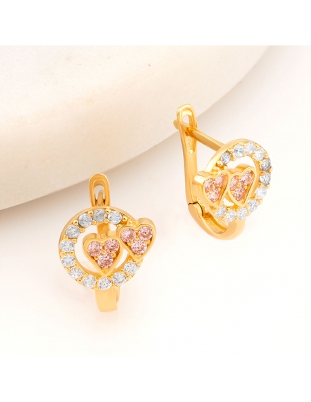 Kolczyki złote podwójne serduszka z rózowymi kamieniemi obrzeże z cyrkoniami KZ614