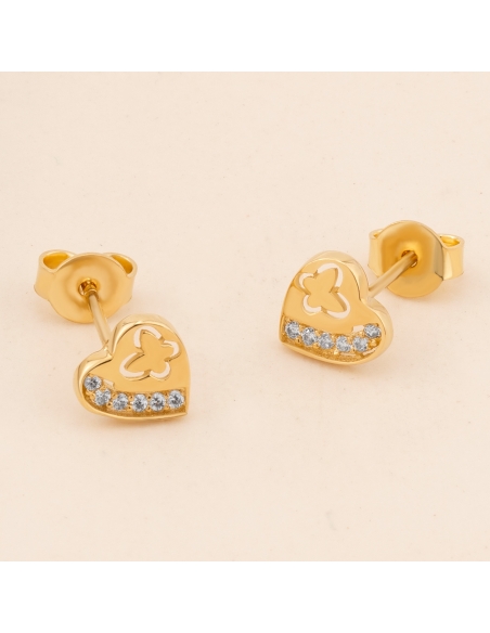 Kolczyki złote serce z motylkiem i cyrkoniami KNS858