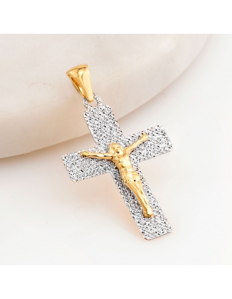 Krzyżyk złoty żółto biały z Jezusem diamentowany DEK252