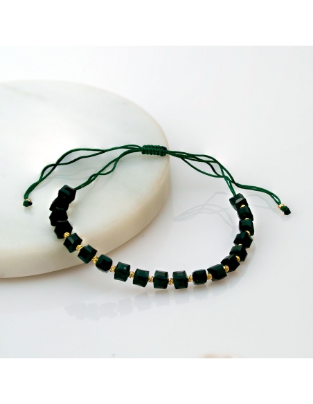 Bransoleta złota na sznurku diamentowane kulki z zielonymi koralikami BNS289